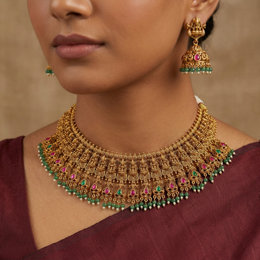 Refined Lakshmi Motif Antique Choker With Decorative Heritage Detailing