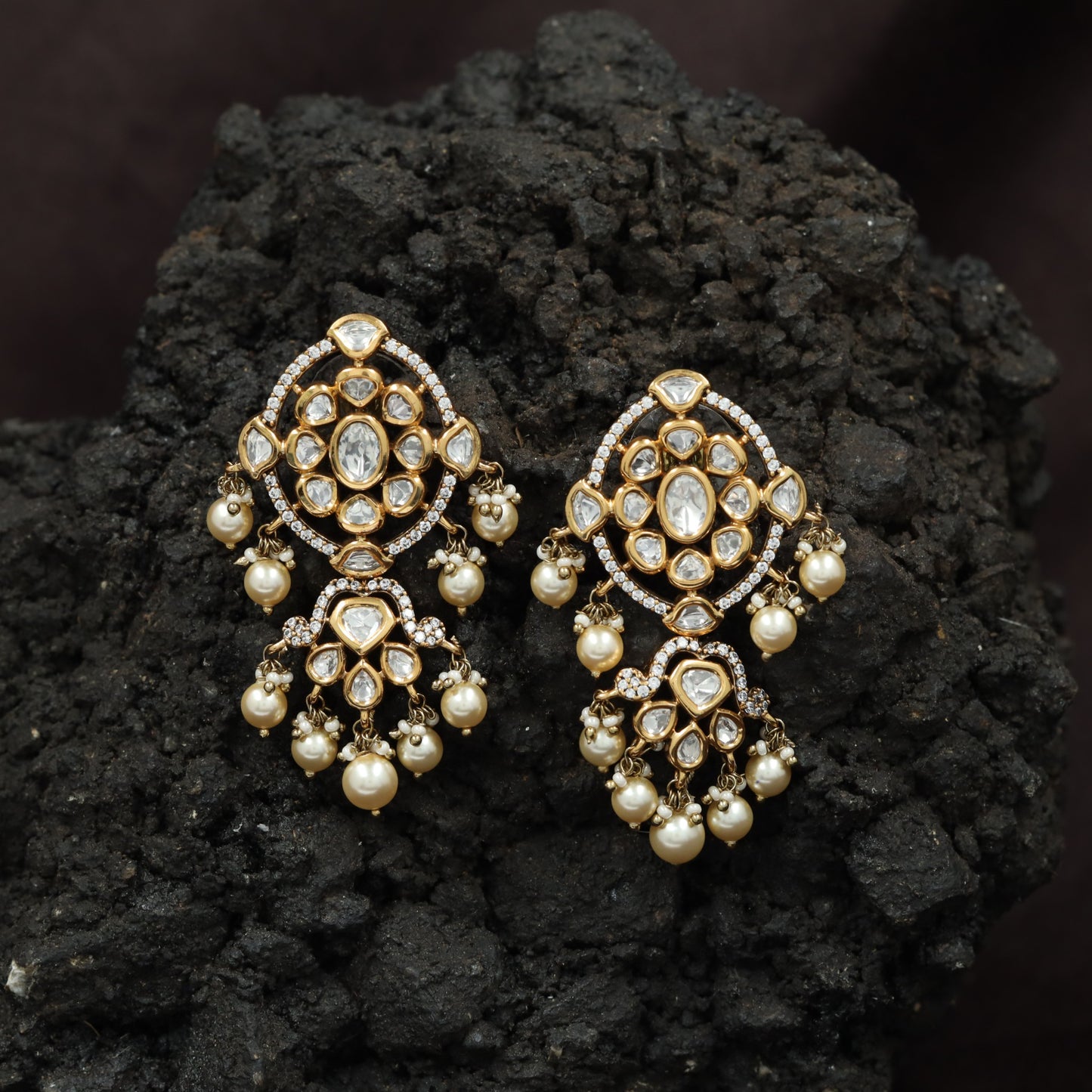 Elite Floral Frame Kundan Hangings With Decorative Pearl Clusters