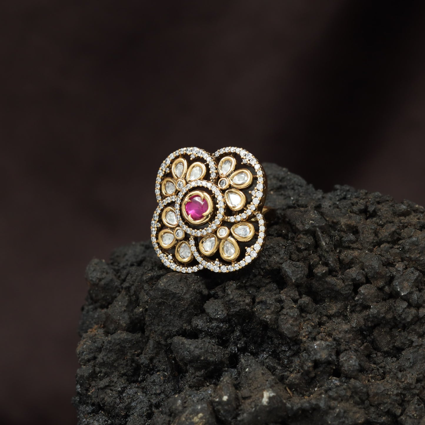 Royal Blossom Inspired Kundan Finger Ring With Layered Circular Detailing