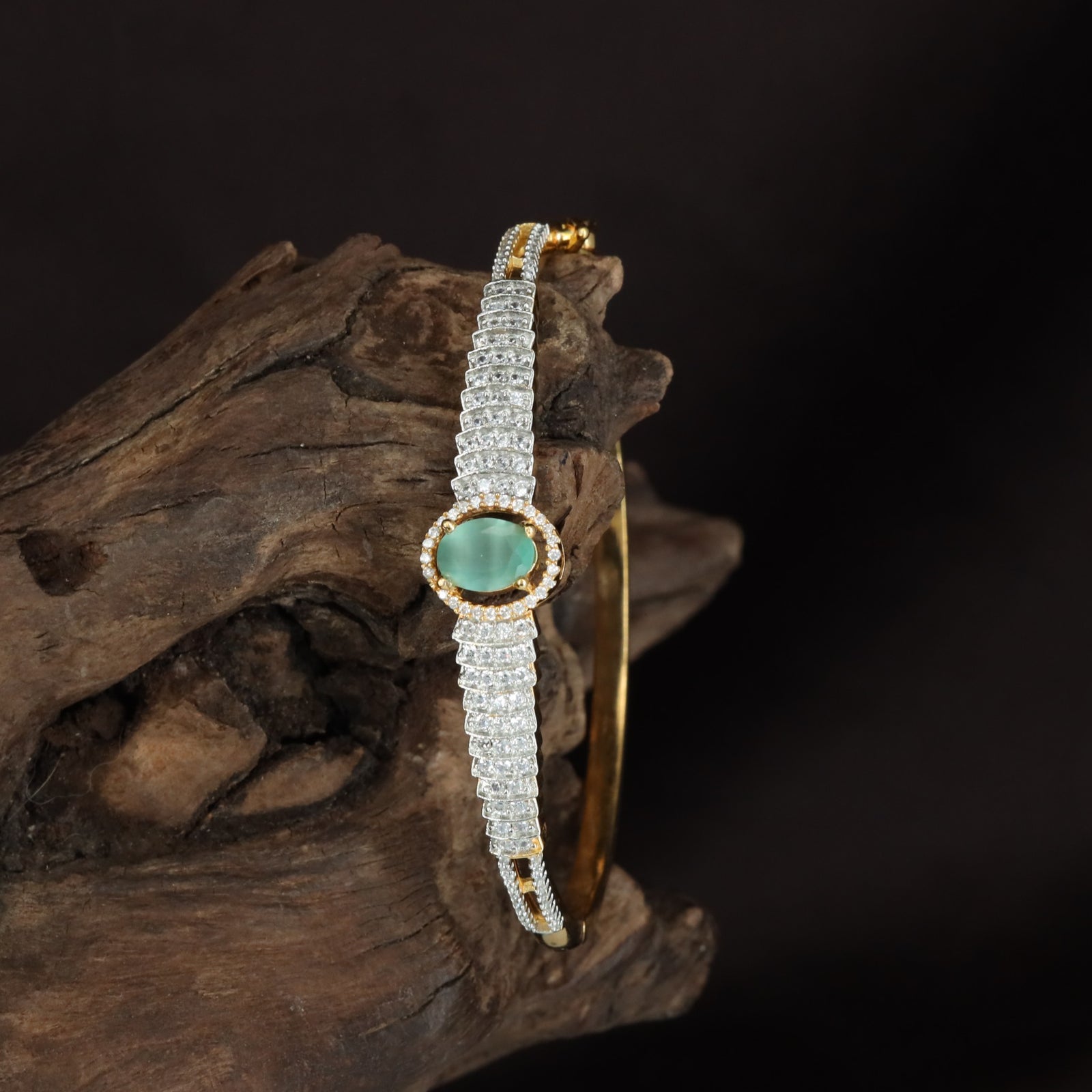 Designer Oval Stone Kada with Triple Crystal Line Styling