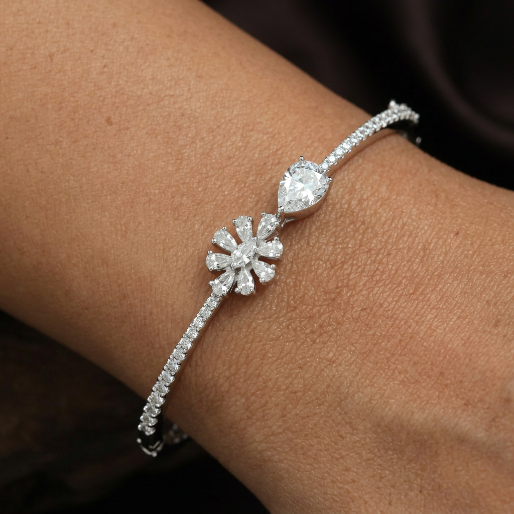 Floral Drop Motif Kada with Leaf Cluster Accent Design