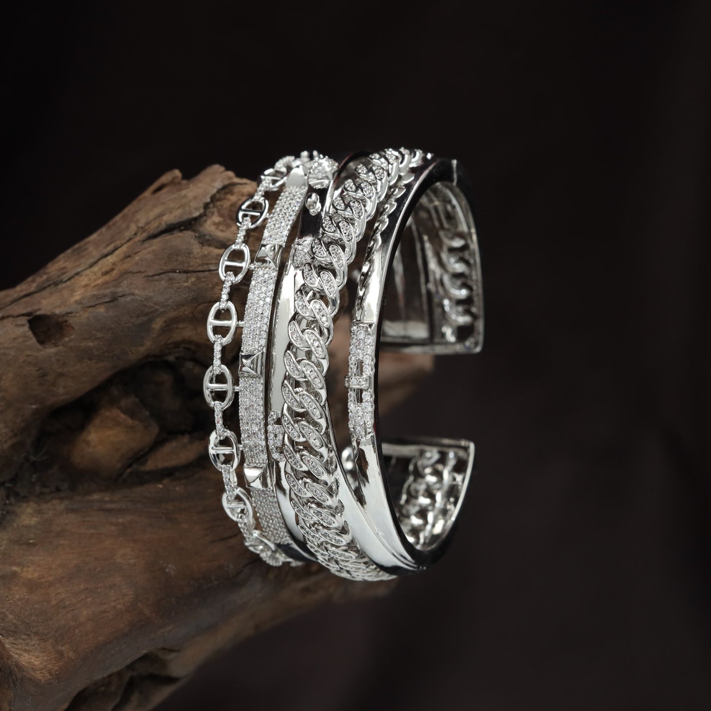 Chain Link Cuff Kada with Layered Openwork Band Design