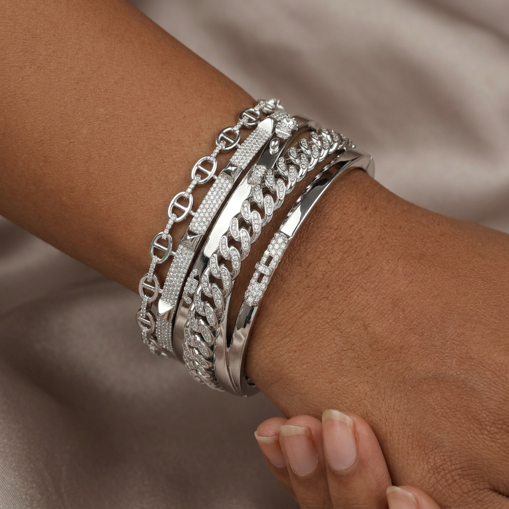 Chain Link Cuff Kada with Layered Openwork Band Design