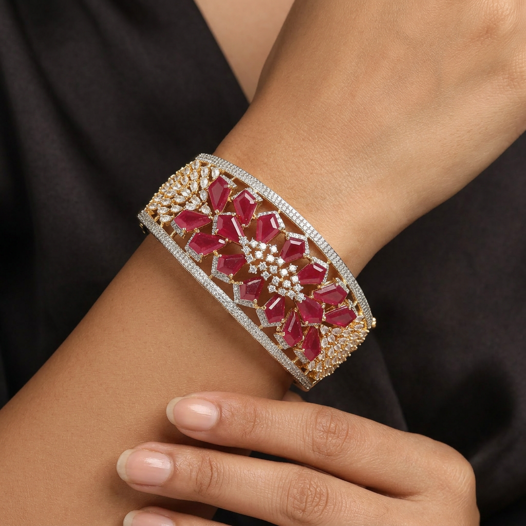 Floral Cluster Broad Kada with Layered Openwork Lattice Design