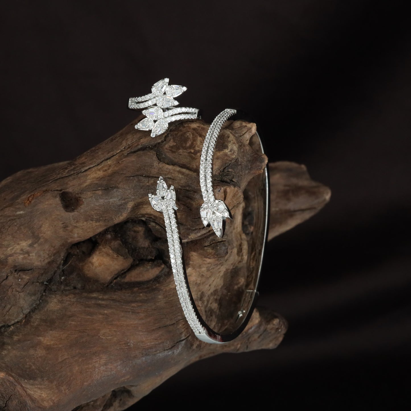 Crystal Branch Kada with Cascading Leaf Forms and Finger Ring Connection