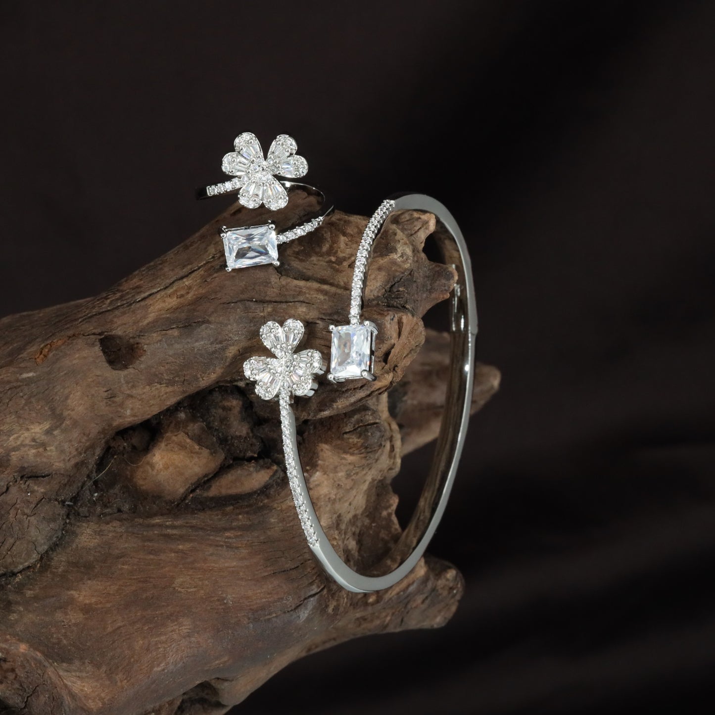 Amber Bloom Kada with Attached Finger Ring and Floral Accent Detailing