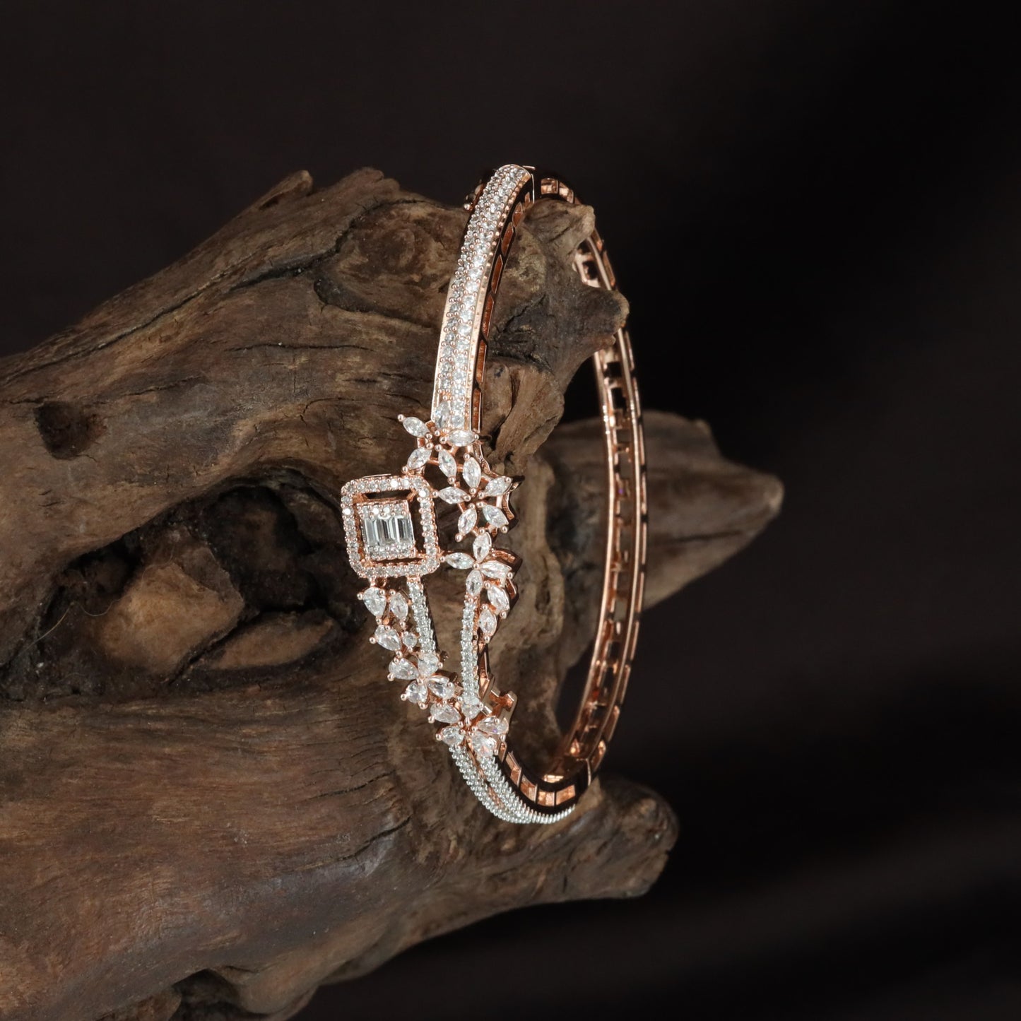 Premium Flower Frame Kada with Structured Crystal Rows
