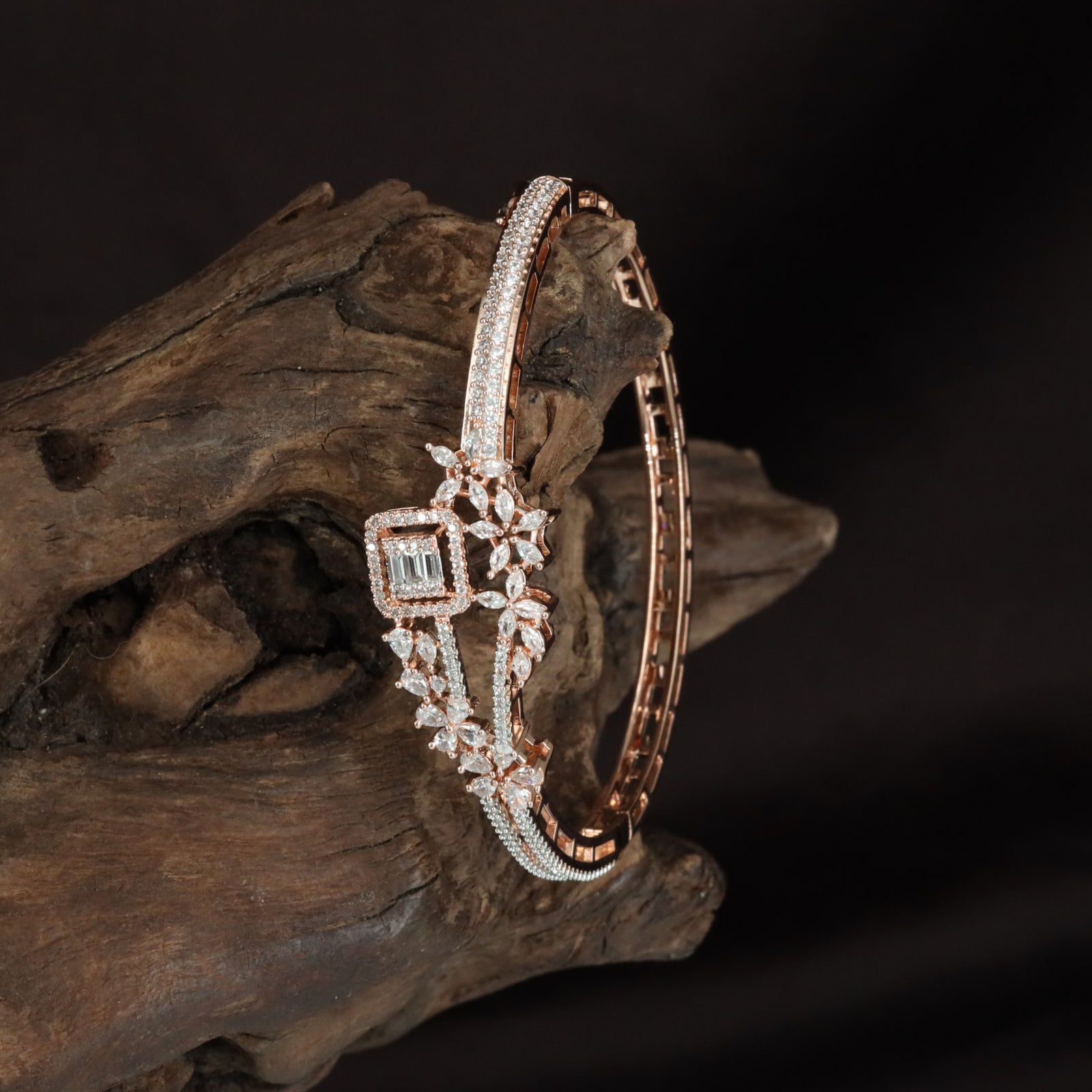 Premium Flower Frame Kada with Structured Crystal Rows