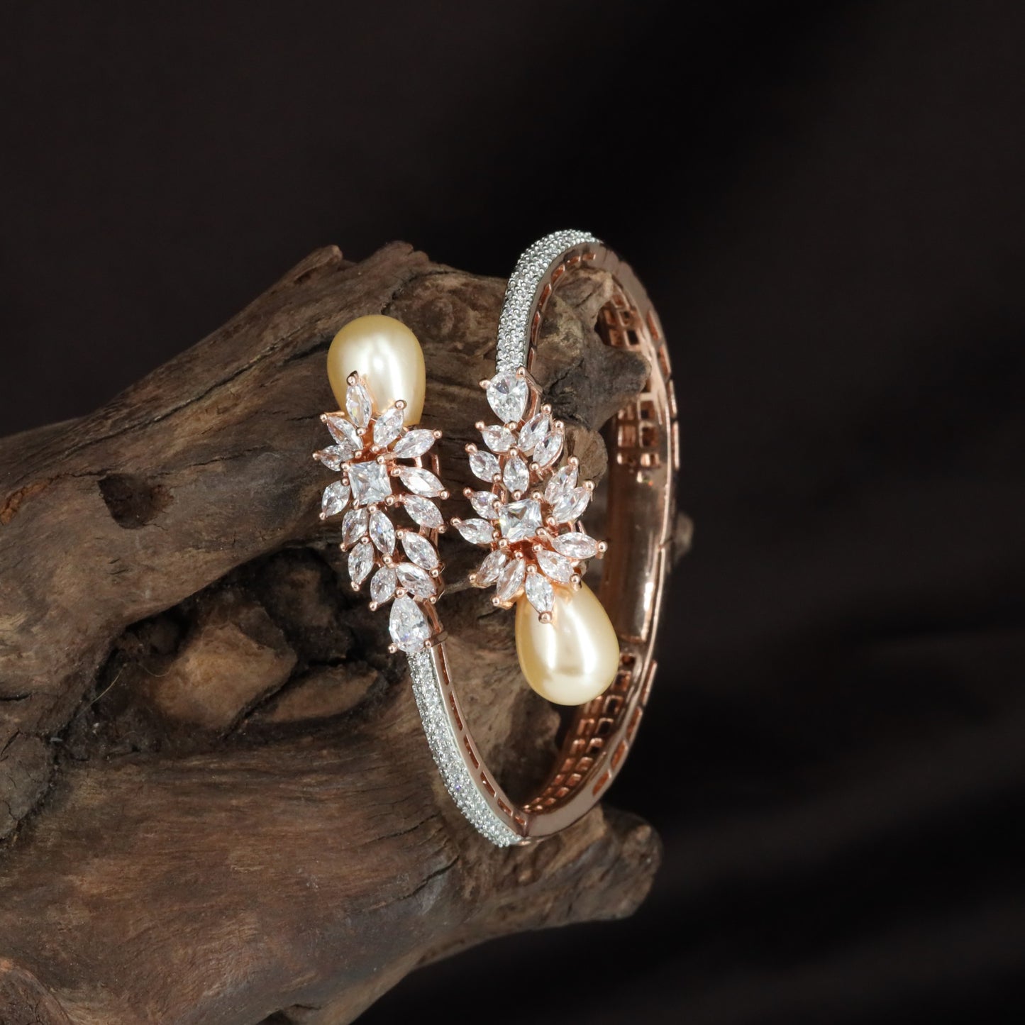 Cluster Bloom Pearl Kada with Curved Crystal Band