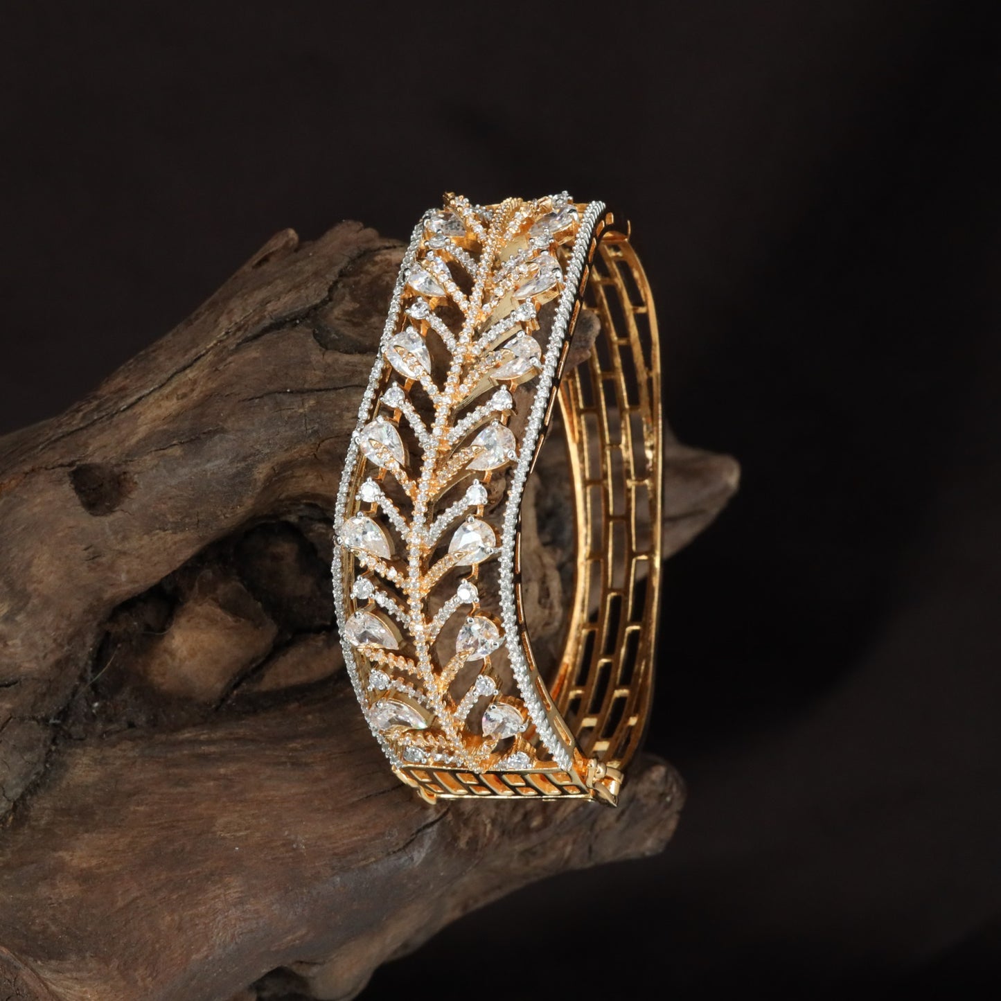 Pear Leaf Crystal Kada with Layered Vine Detailing