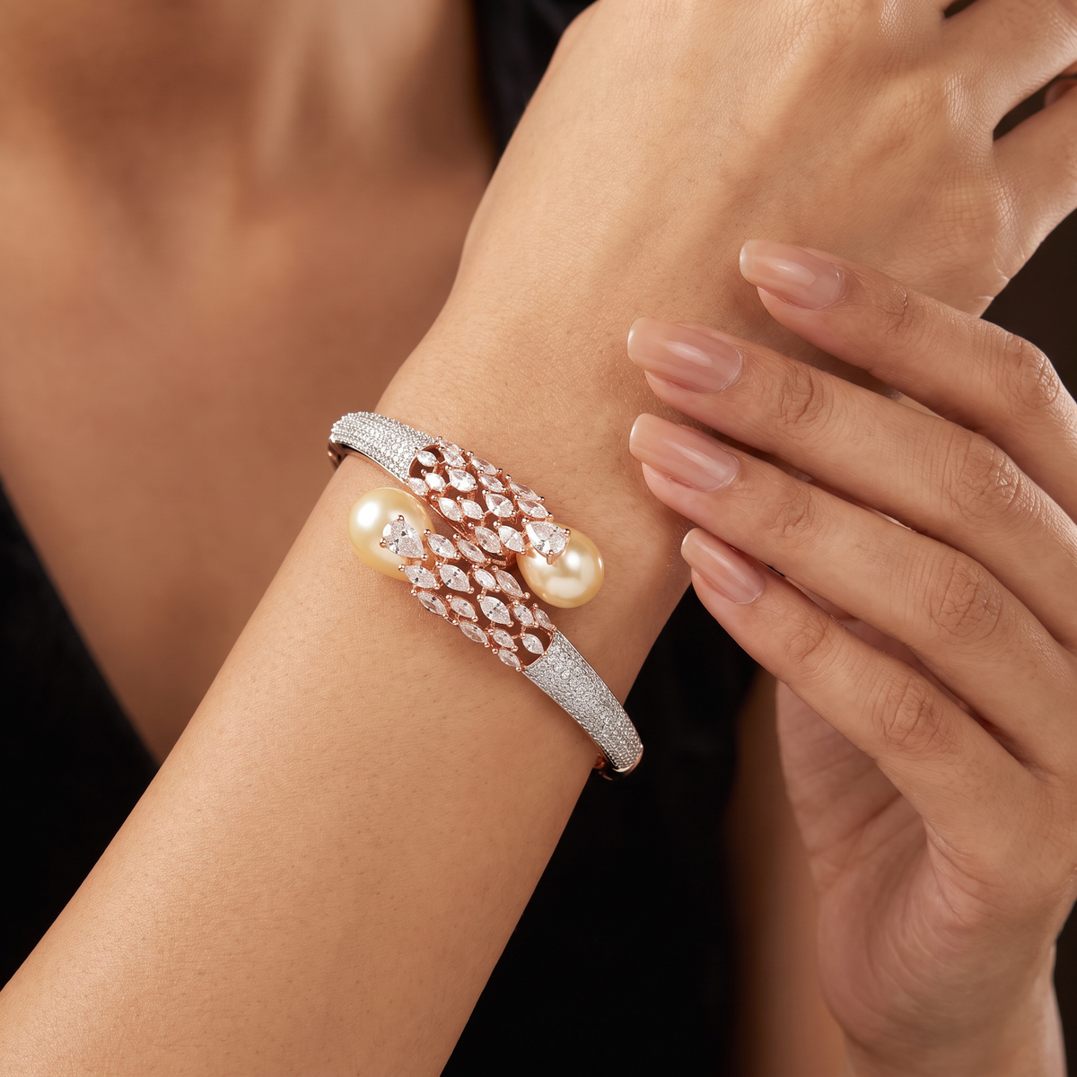 Twin Pearl Flower Kada with Curved Border Alignment