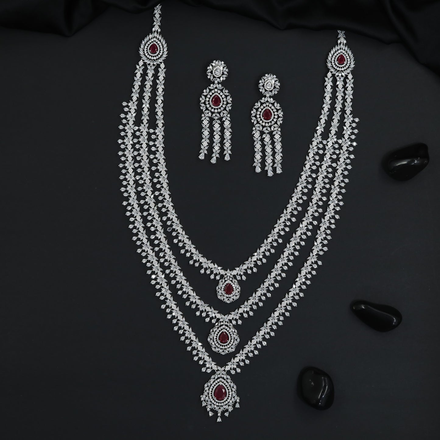 Luxury Rhodium Long Haara Set with Floral Chain Craftsmanship