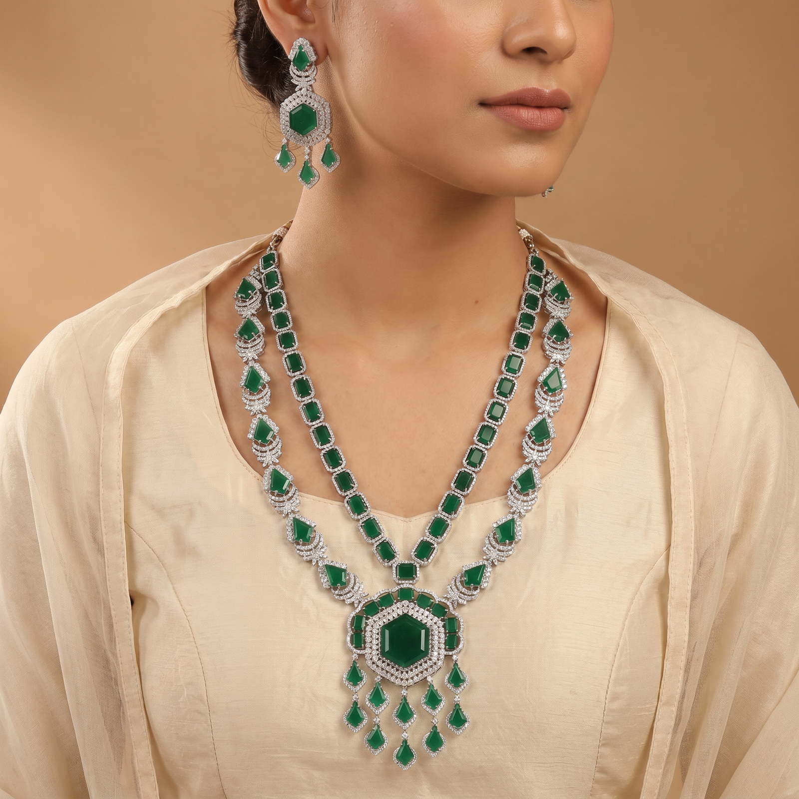 Grand Rhodium Long Haara Set with Hexagonal Pendant and Matching Earrings