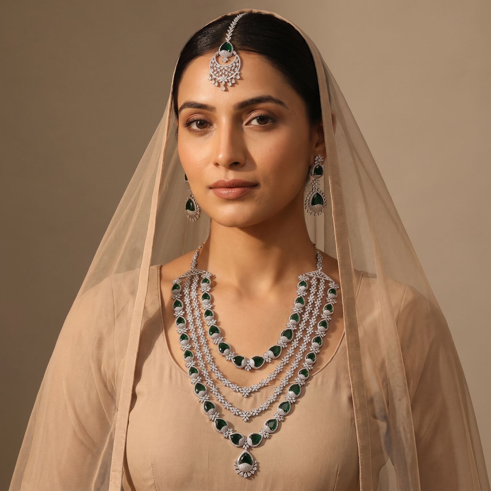 Grand Rhodium Long Haara Set with Cascading Floral Patterns
