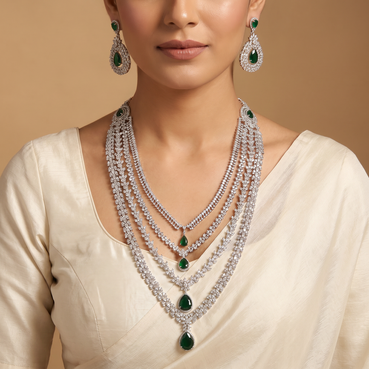 Bridal wear long haara with layered drape design and danglers