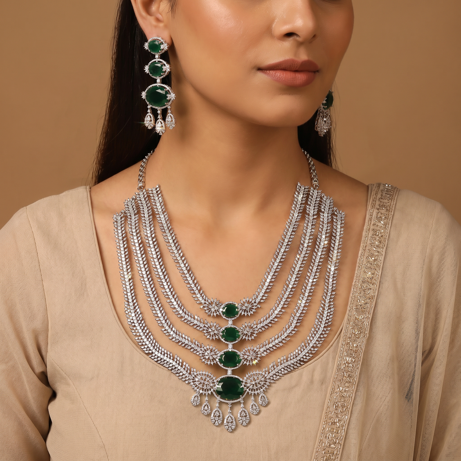 Premium necklace set with floral clusters and cascading drape design