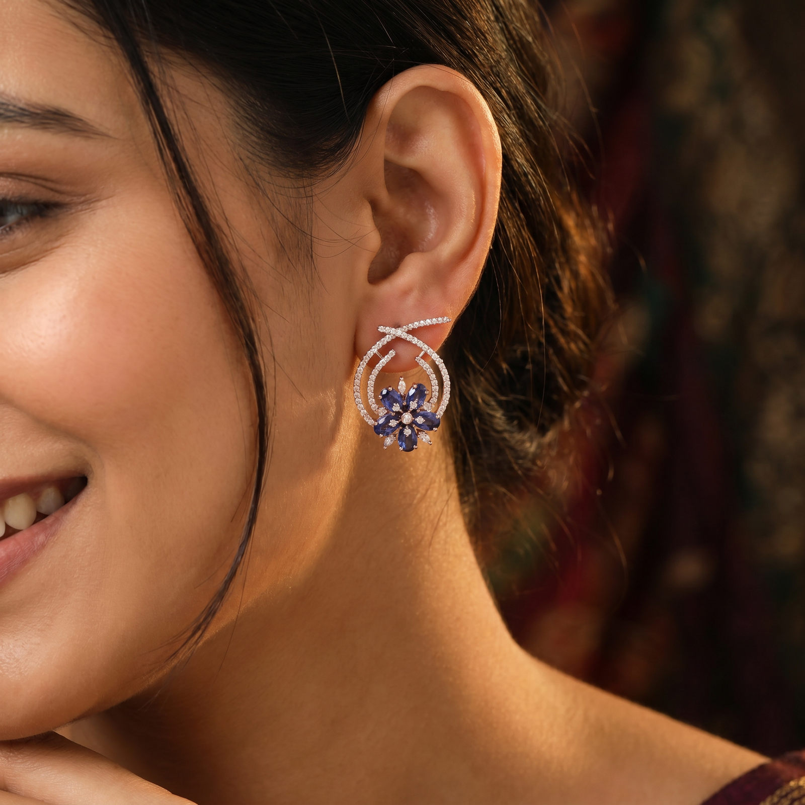 Floral Hoop Rose Gold Stud Earrings with Open Teardrop Design