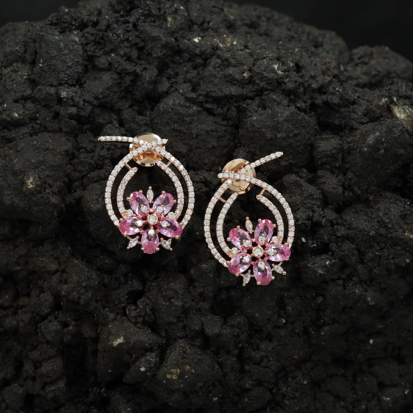 Floral Hoop Rose Gold Stud Earrings with Open Teardrop Design