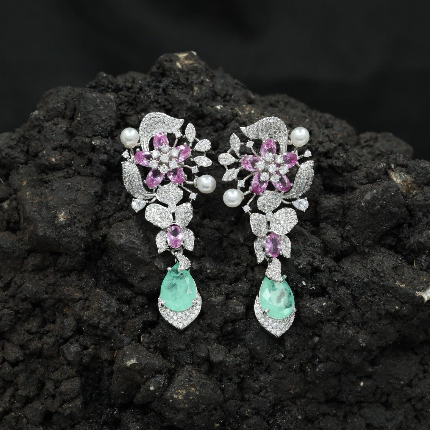 Floral Spray Rhodium Hanging Earrings with Pear Drop Accent