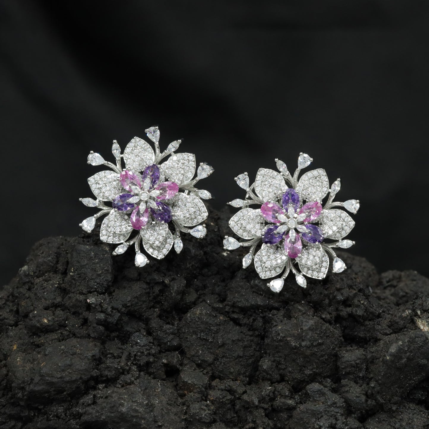 Signature Exclusive Rhodium Stud with Broad Petal Forms and Intricate Floral Centre