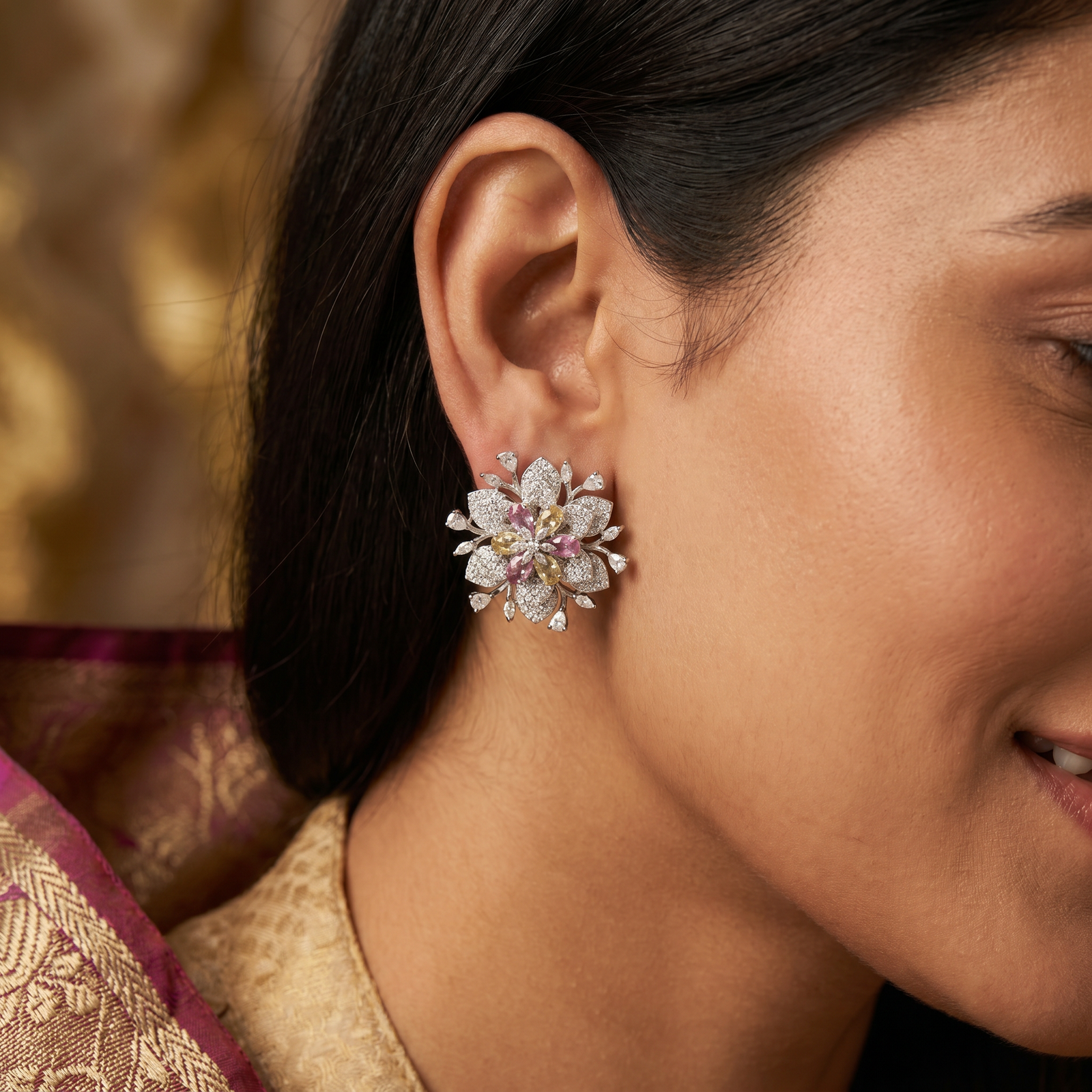 Decorative Floral Stud Earrings with Symmetrical Blossom Layout