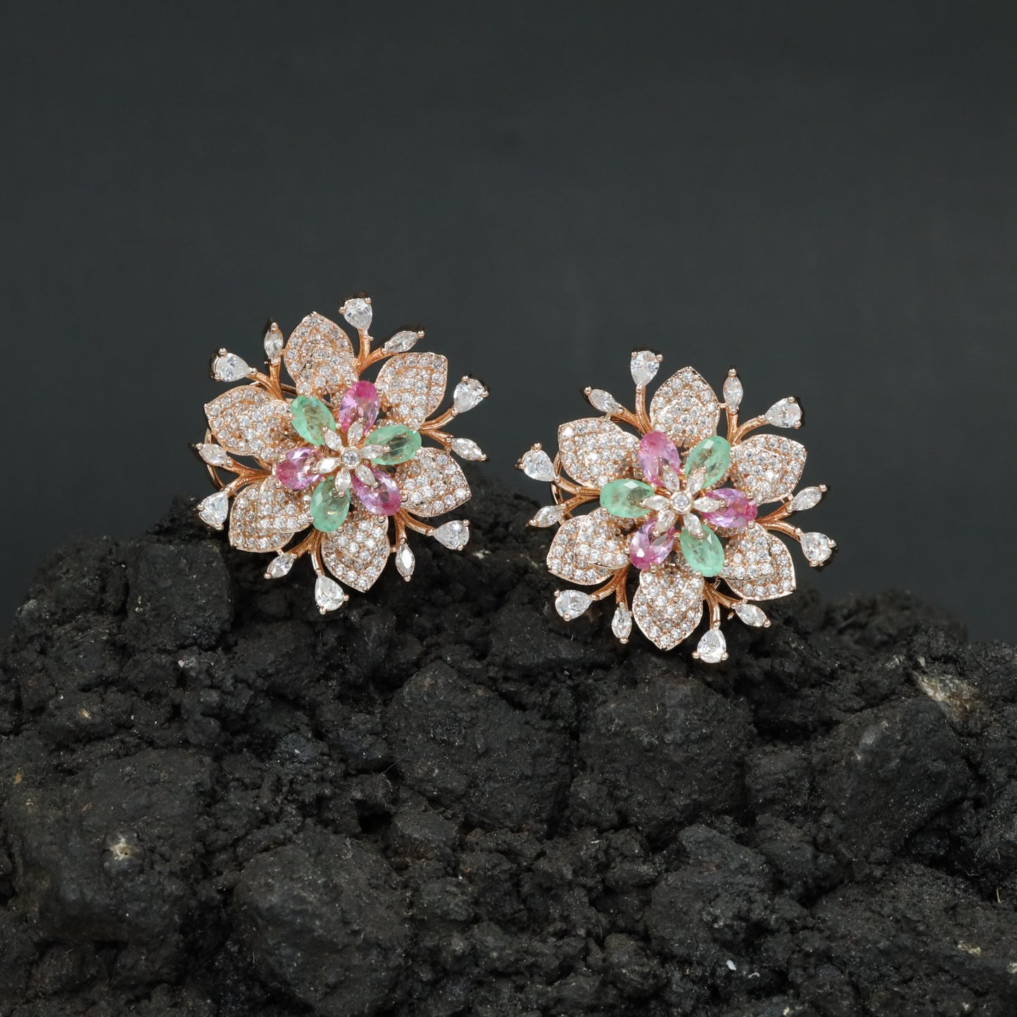Decorative Floral Stud Earrings with Symmetrical Blossom Layout