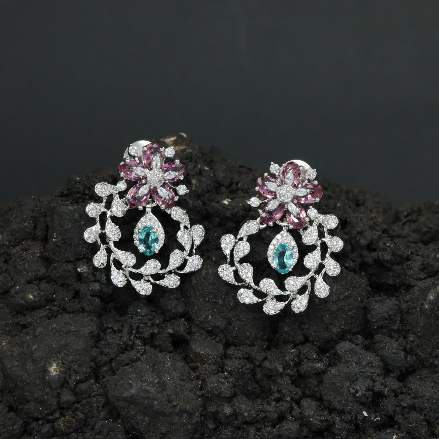 Floral Rhodium Stud with Open Leaf Wreath and Oval Centre Drop