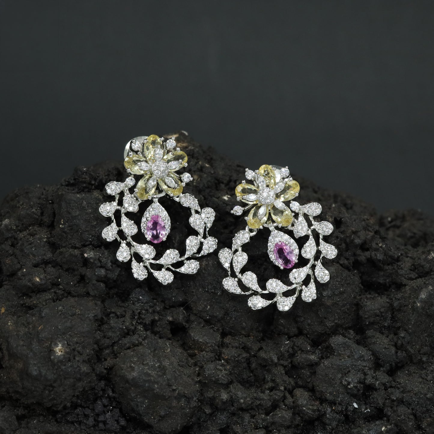Premium Exclusive Rhodium Stud Crafted with a Detailed Flower and Botanical Frame