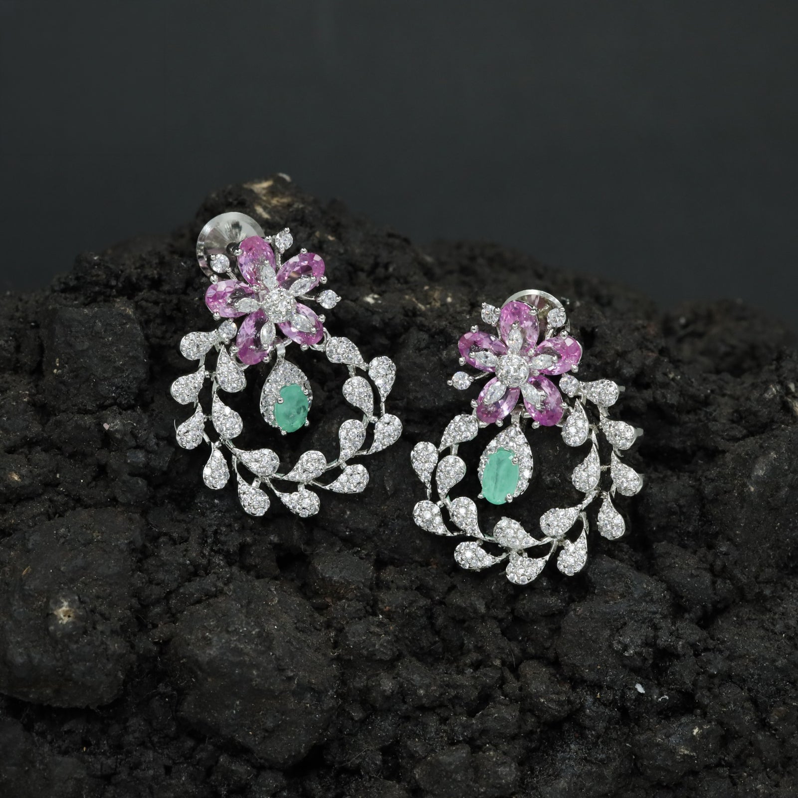 Premium Exclusive Rhodium Stud Crafted with a Detailed Flower and Botanical Frame