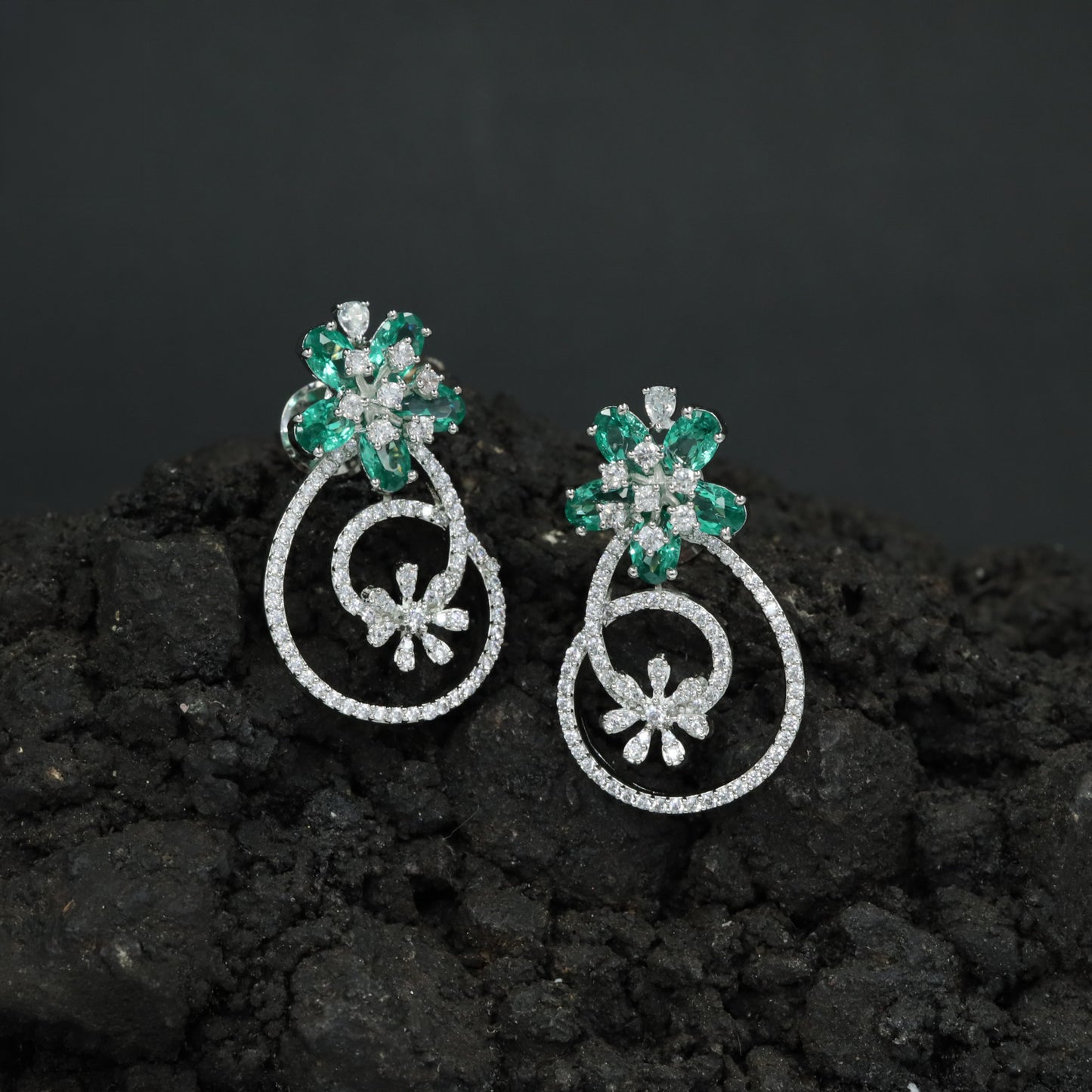 Floral Exclusive Rhodium Stud with Open Teardrop Frame and Inner Flower