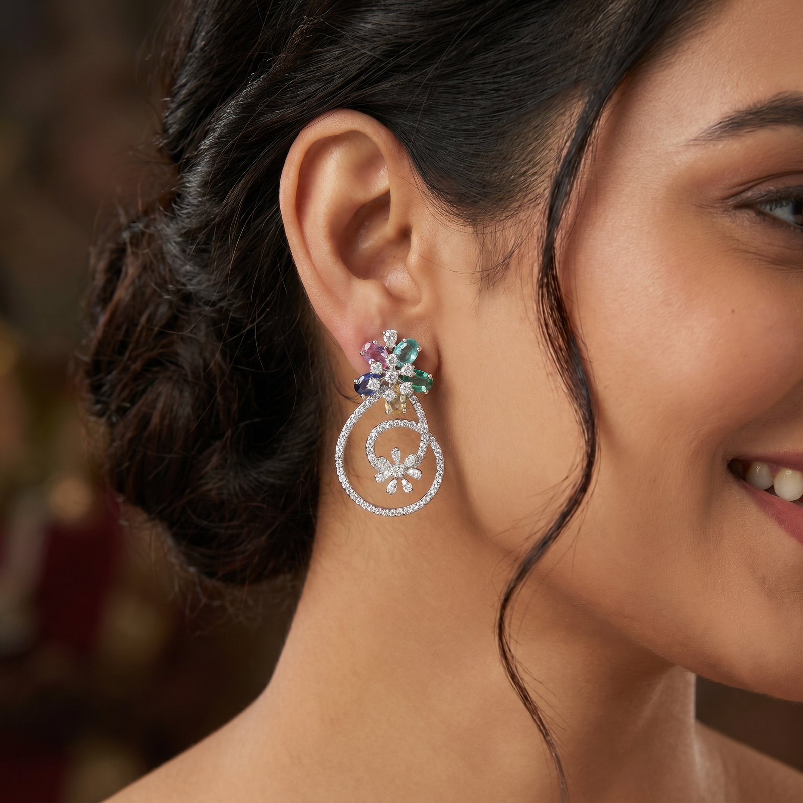 Decorative Hoop Stud Earrings with Blossom Center Accent