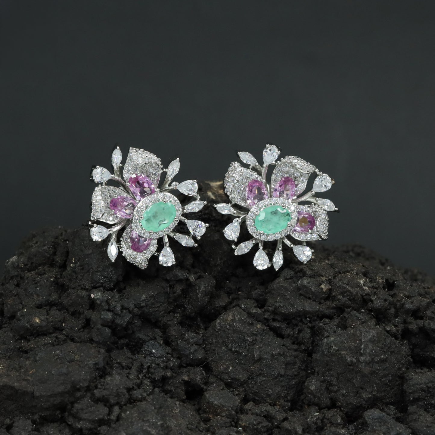 Radiant Exclusive Rhodium Stud with Oval Centre and Sculpted Floral Petals