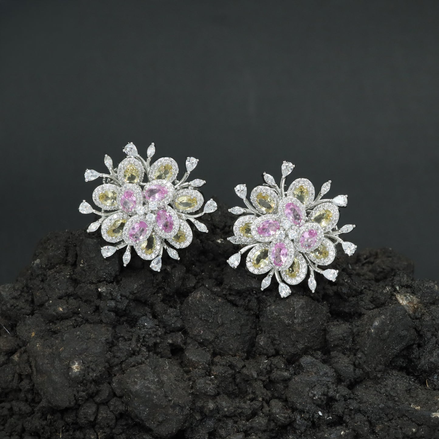 Premium Rhodium Stud Crafted with Sculpted Oval Forms and Fine Botanical Accents