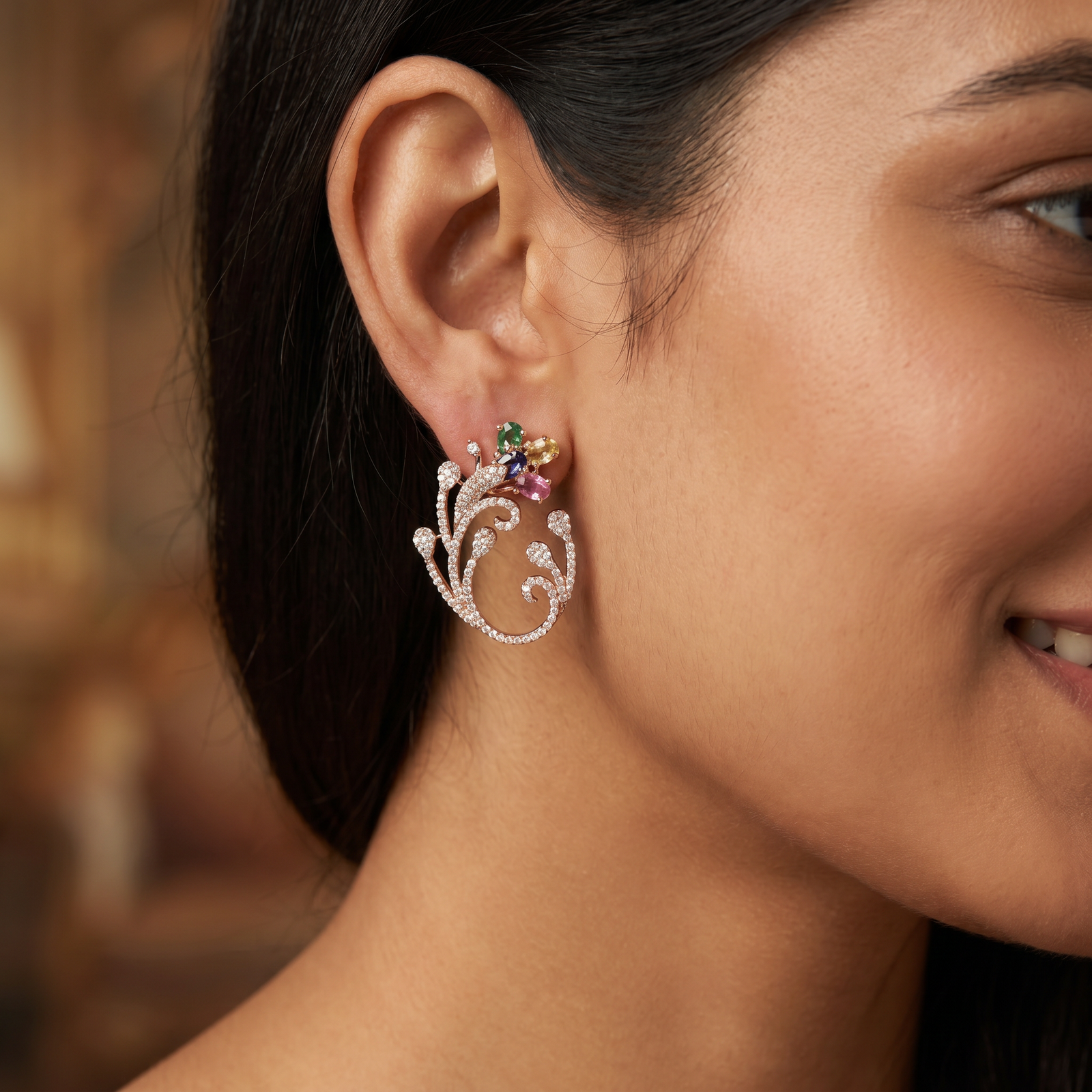 Decorative Floral Stud Earrings with Flowing Scroll Motif