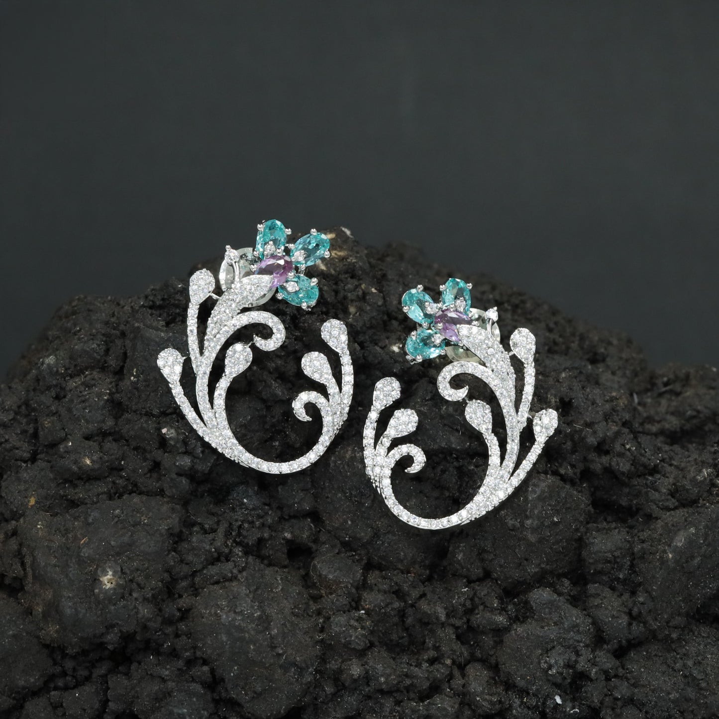 Premium Rhodium Stud Crafted with Sweeping Botanical Stems and Flower Clusters