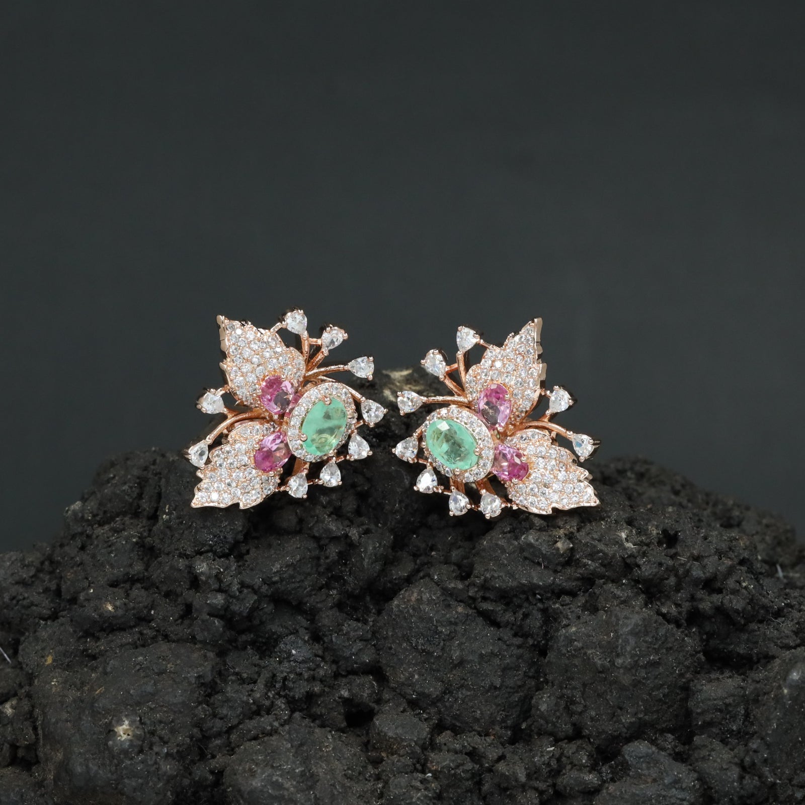 Botanical Spray Stud Earrings with Sculpted Leaf Detailing
