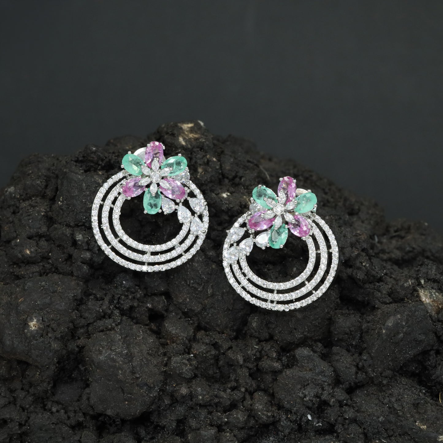 Concentric Exclusive Rhodium Stud with Floral Cluster and Triple Circular Rings
