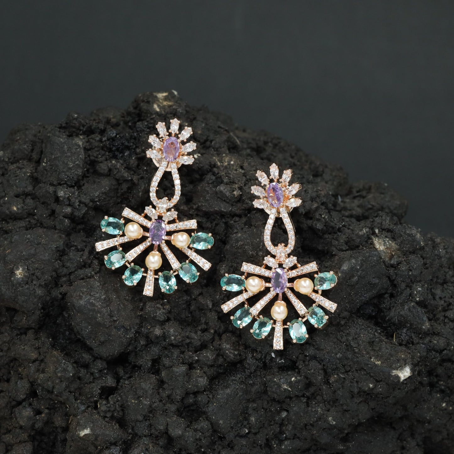 Sunray Pattern Hanging Earrings with Pearl Accent Design
