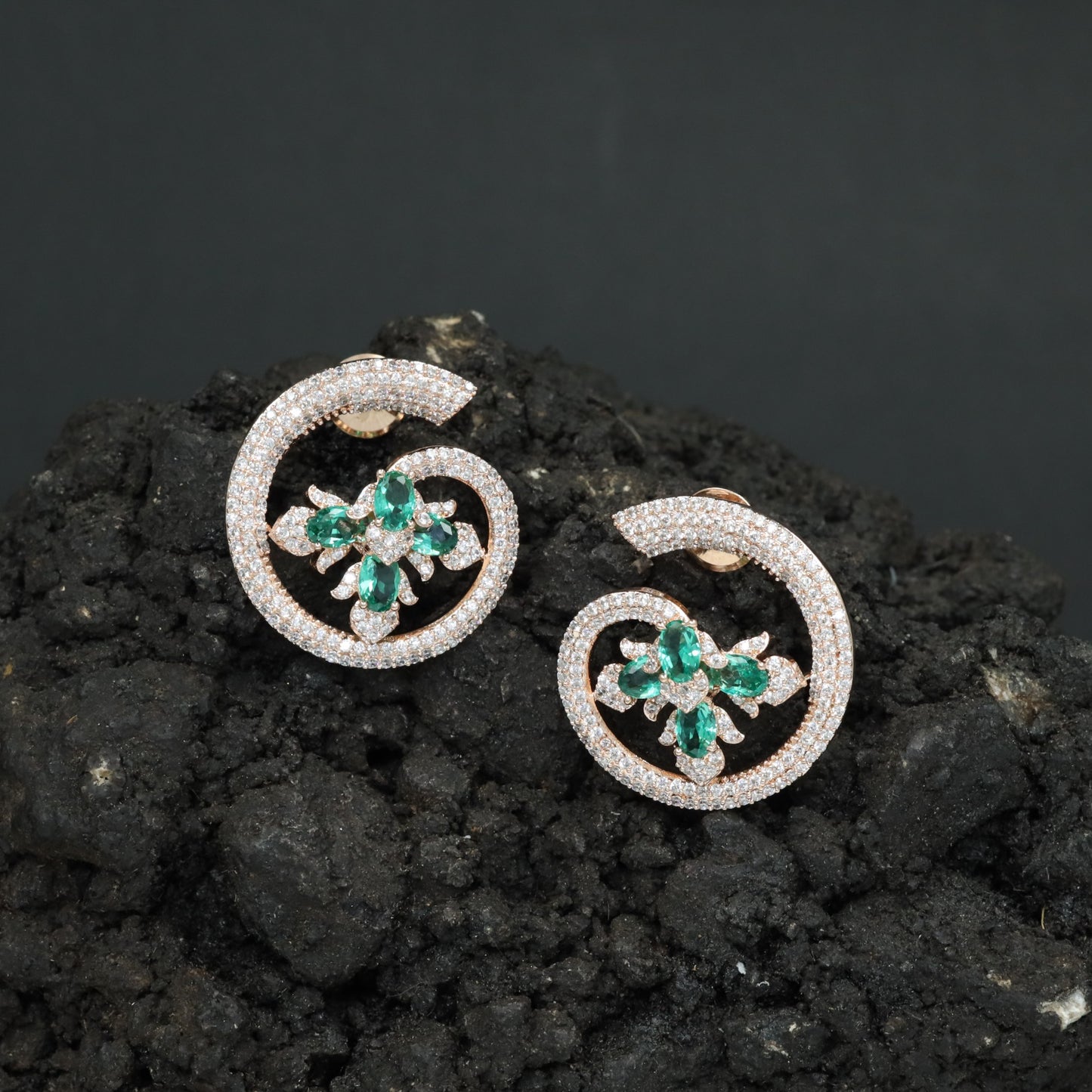 Floral Spiral Rose Gold Stud Earrings with Open Circle Design