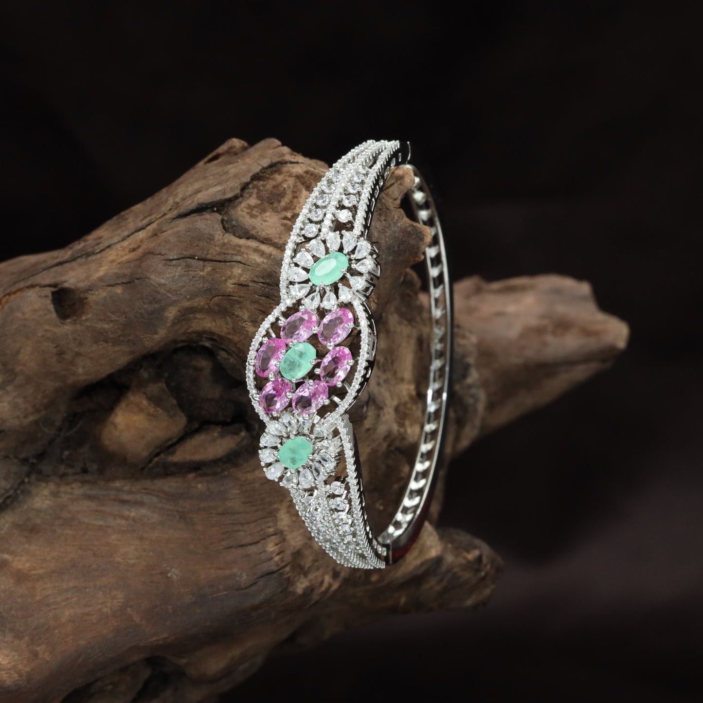 Floral Medallion Rhodium Kada with Oval Cluster Design