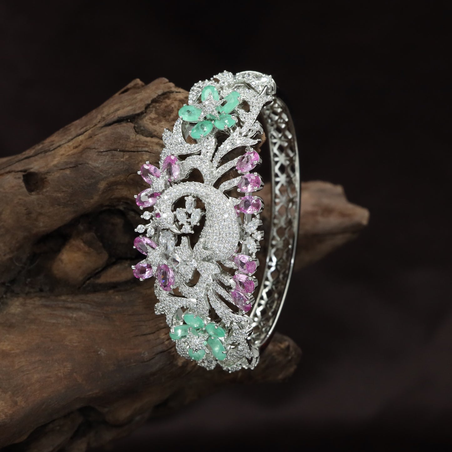 Peacock Motif Rose Gold Kada with Floral Feather Design