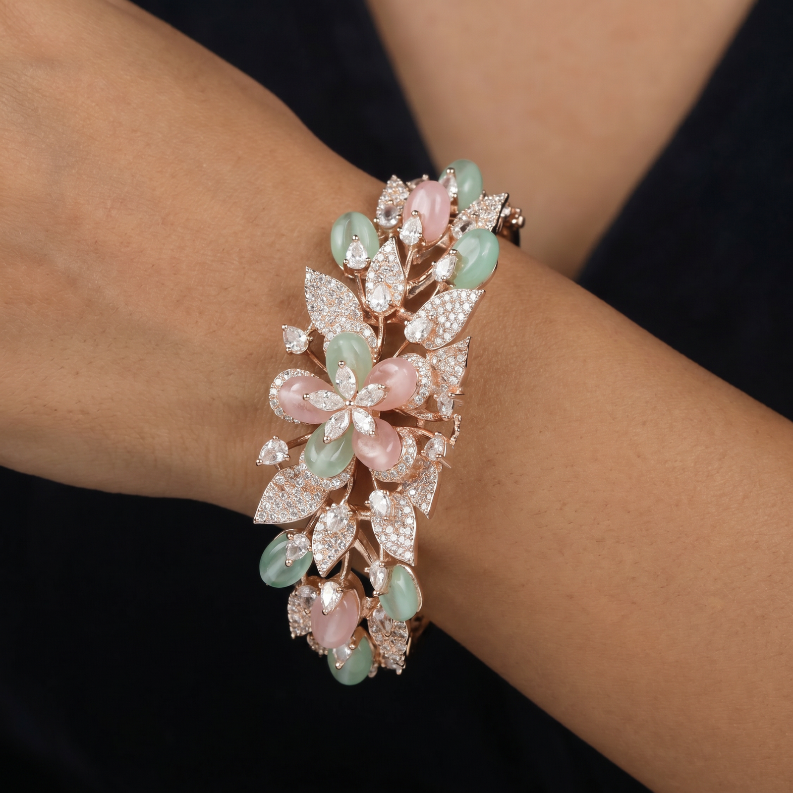 Ornamental Floral Rose Gold Kada with Layered Botanical Elements