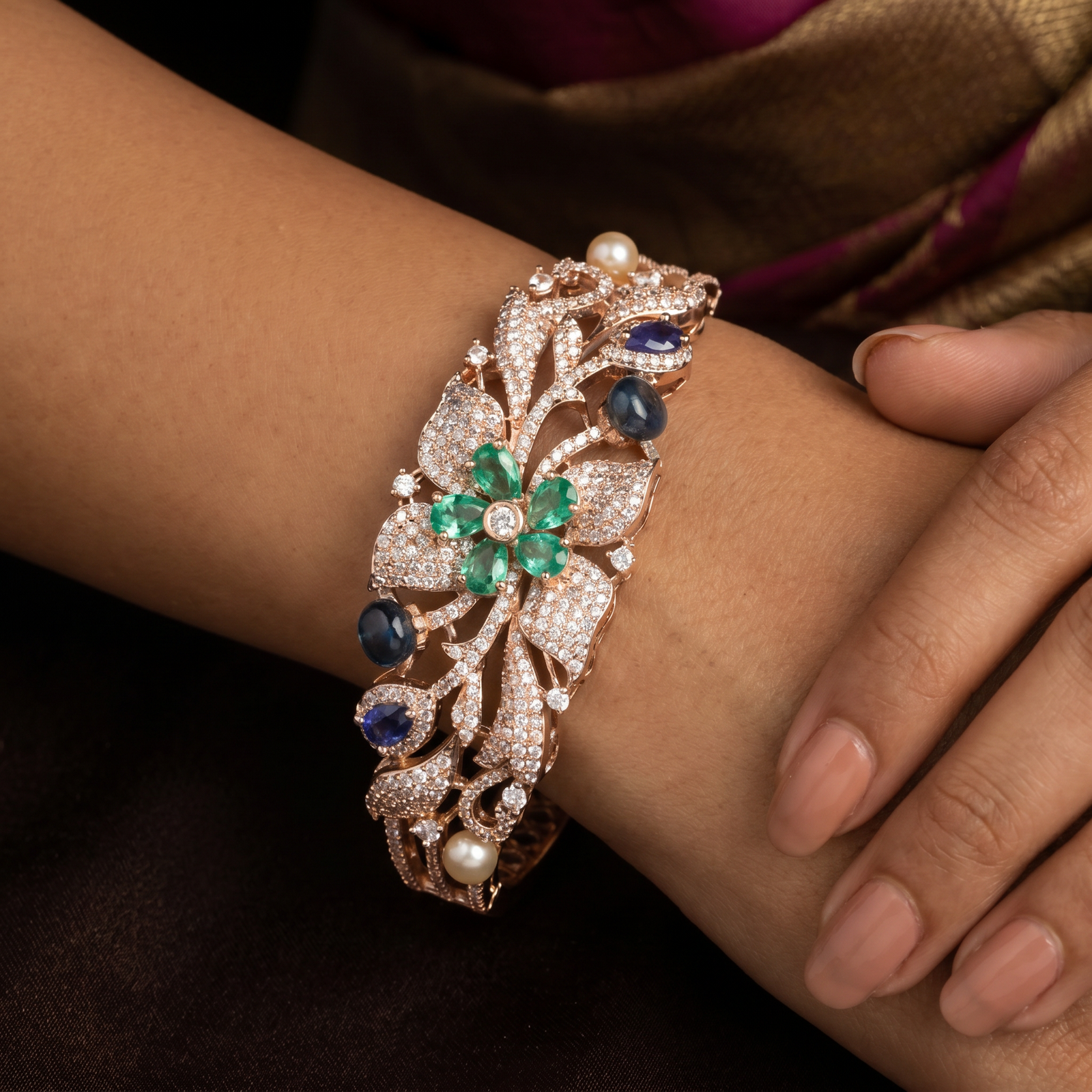 Bloom Spray Rose Gold Kada with Leaf Pattern Styling