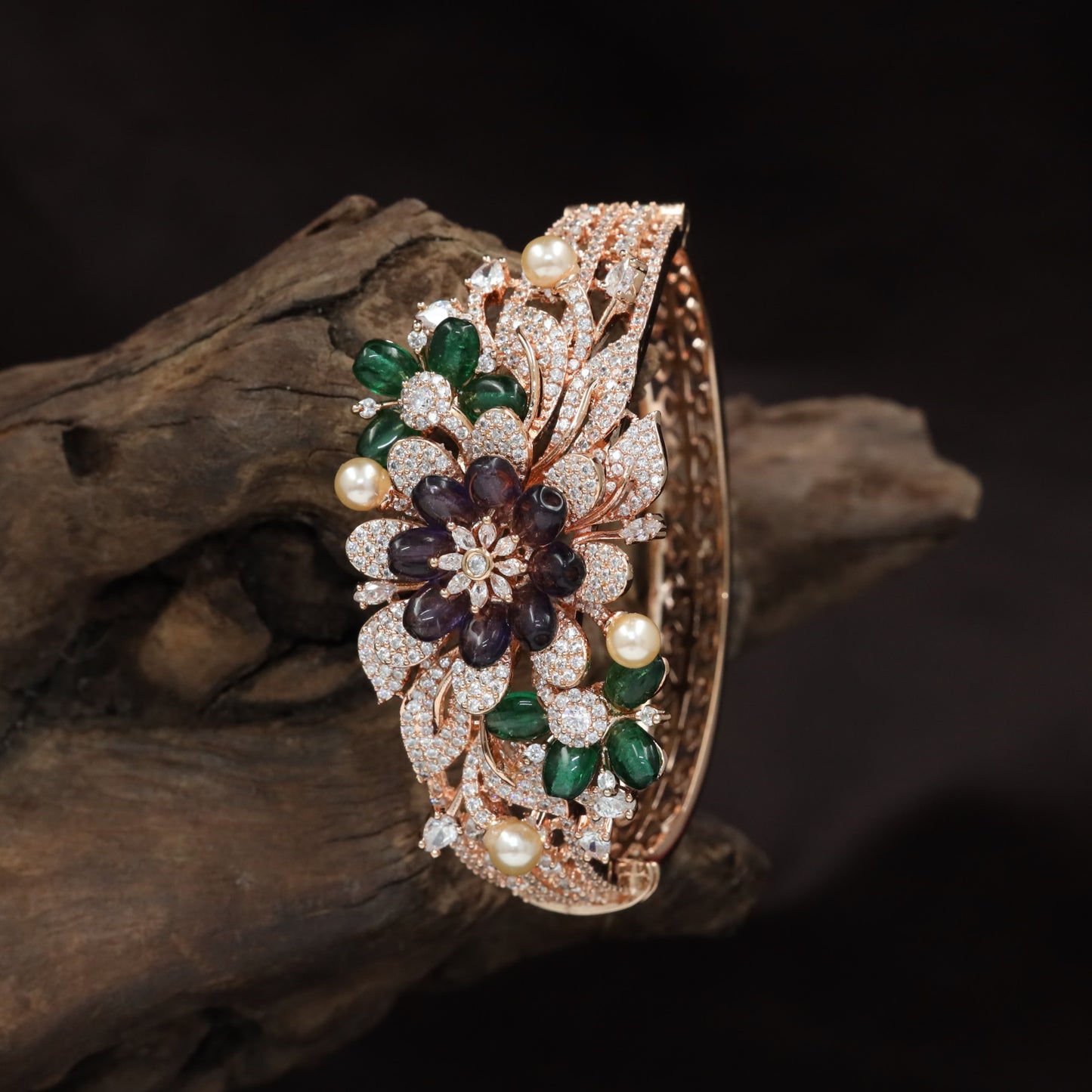 Floral Medallion Rose Gold Kada with Decorative Leaves