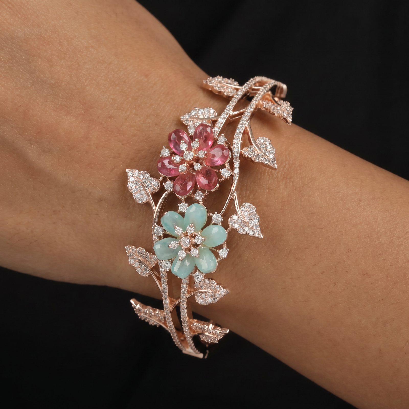 Twin Bloom Crystal Kada with Flowing Vine Design