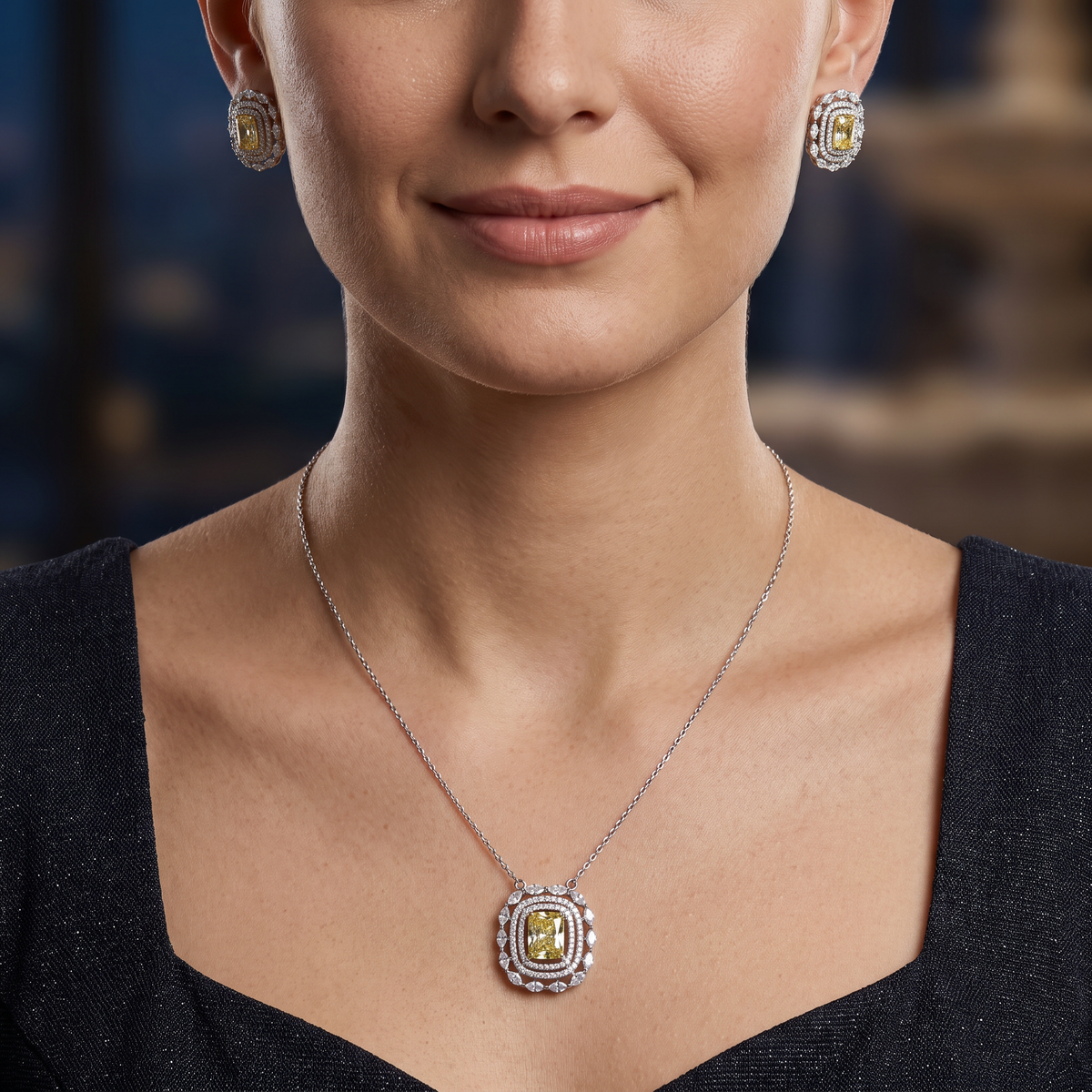 Statement pendant chain set with structured geometric detailing and matching studs