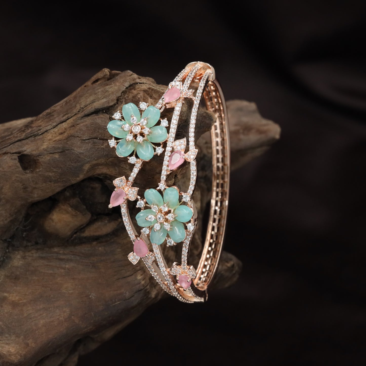 Rose Gold Kada with Twin Bloom Floral Arrangement