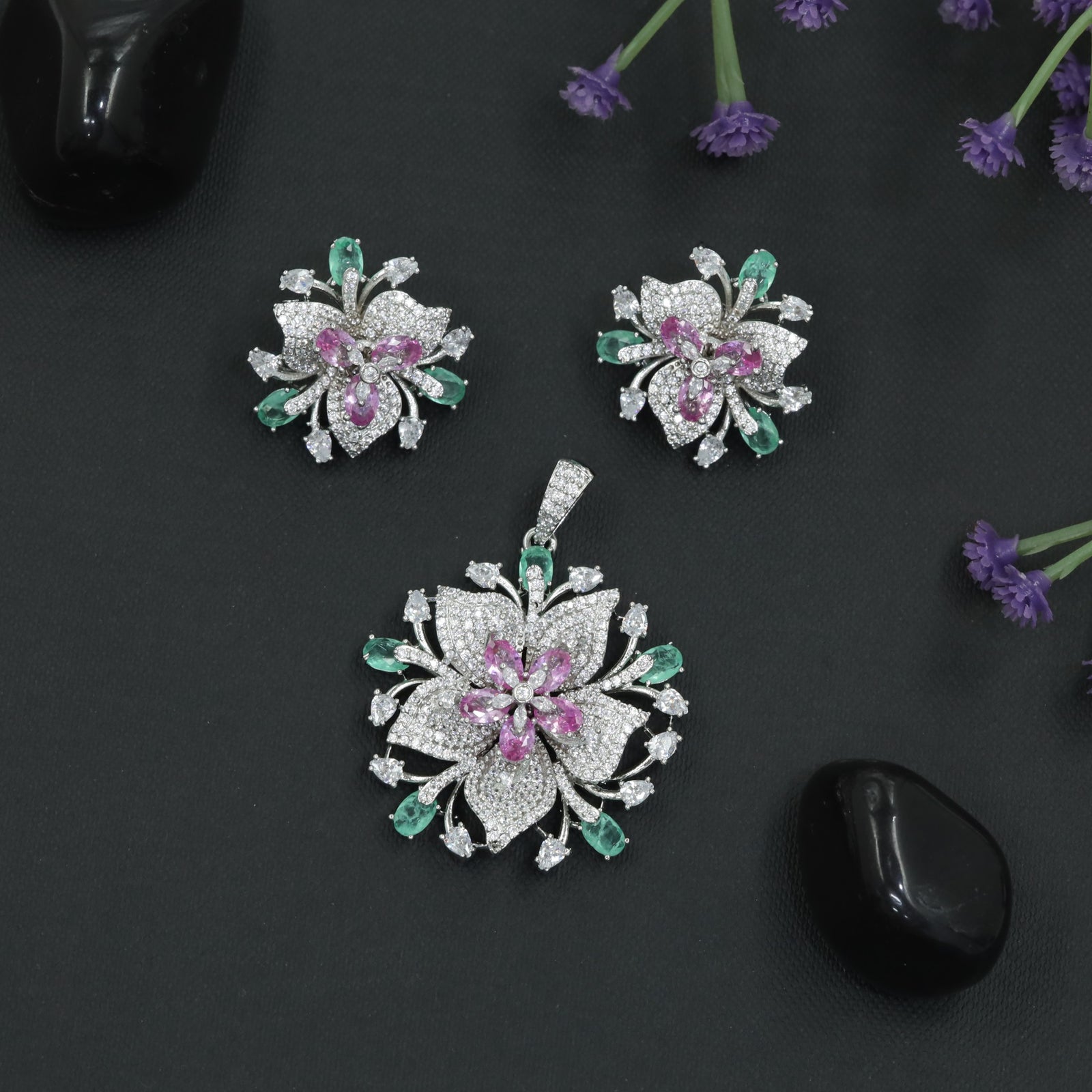 Layered Lily Bloom Pendant Set with Crystal Petal Design