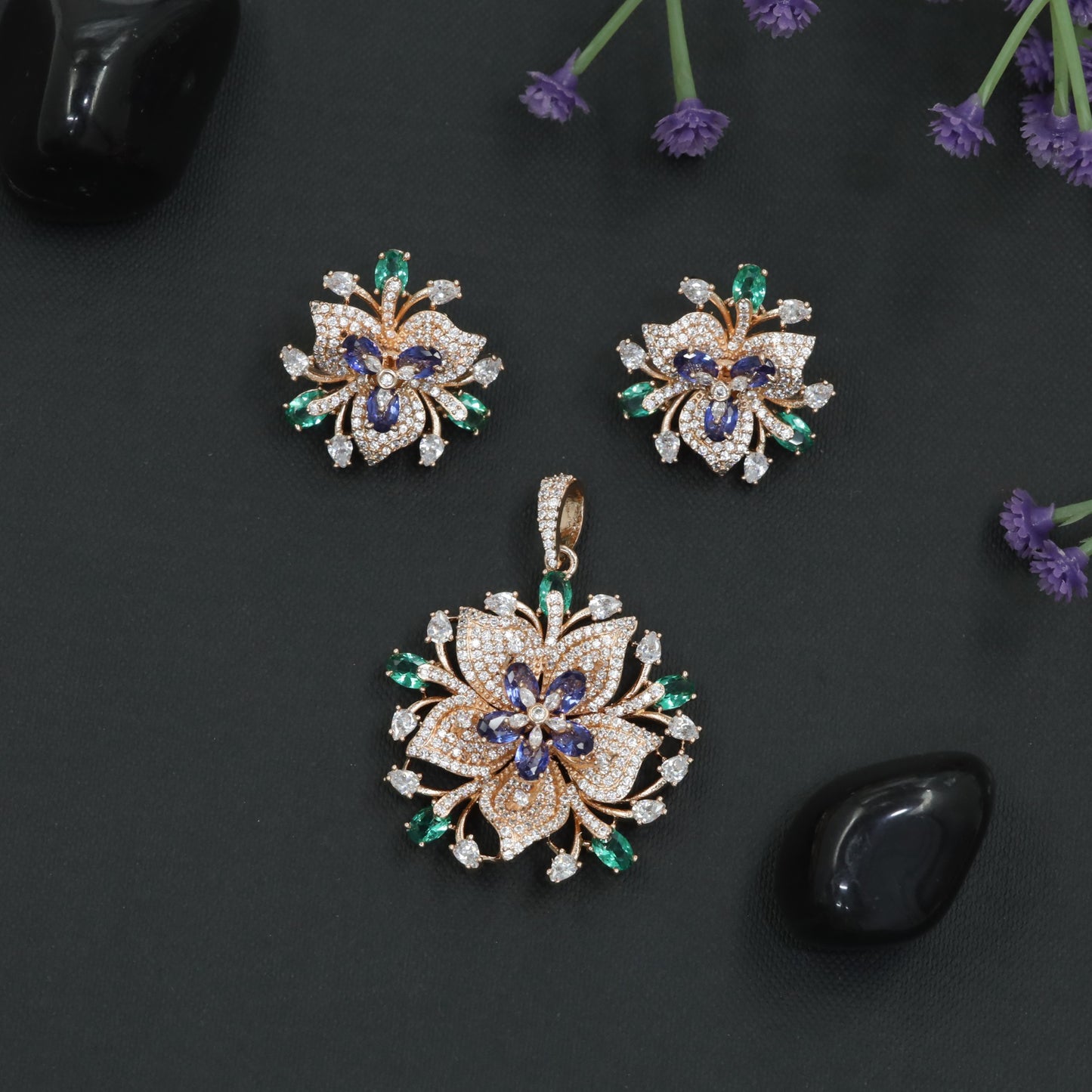 Layered Lily Bloom Pendant Set with Crystal Petal Design
