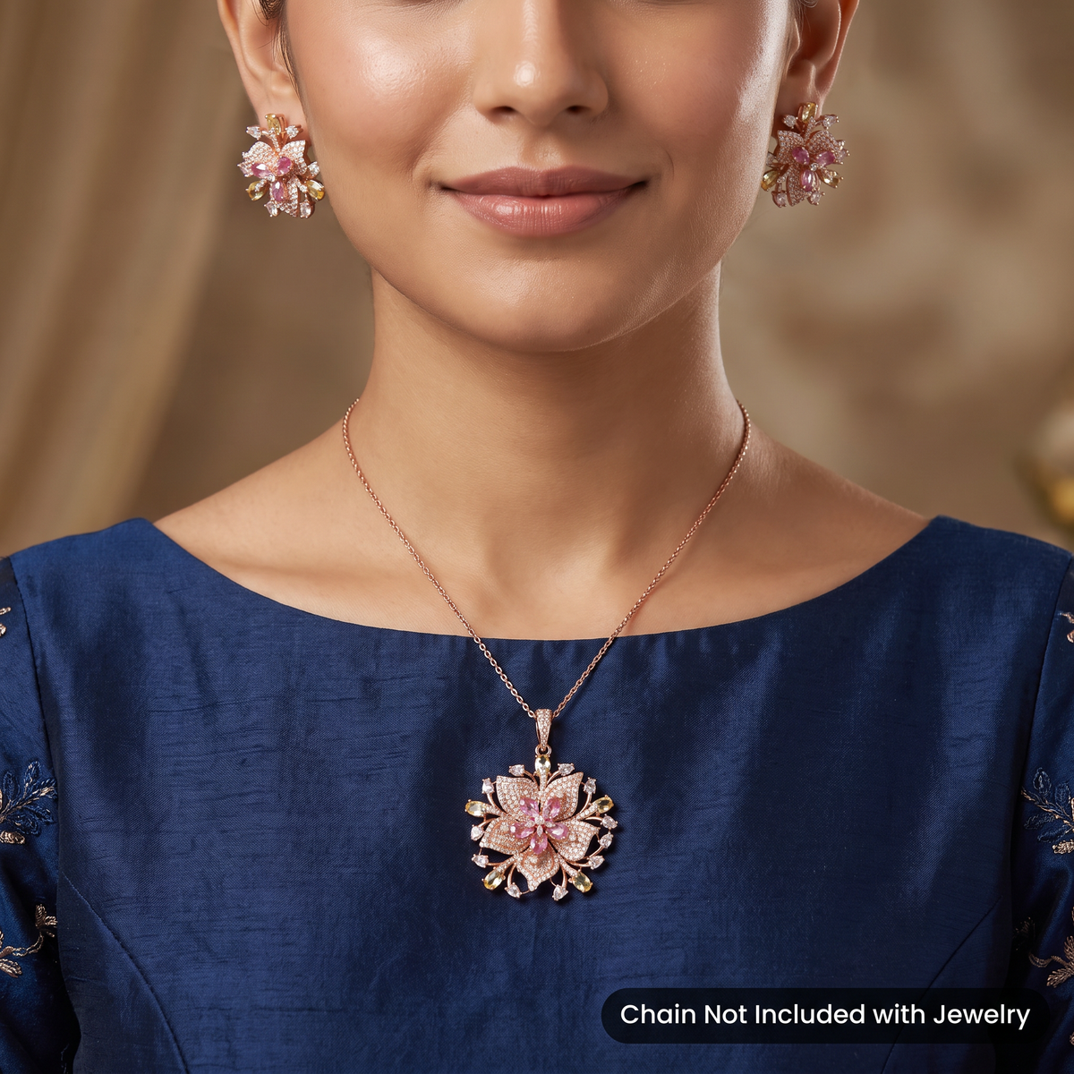 Layered Lily Bloom Pendant Set with Crystal Petal Design